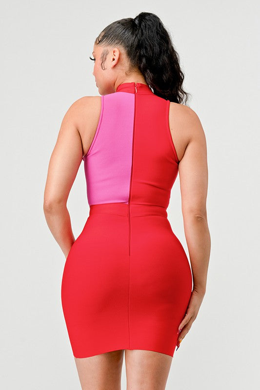 TWO TONE CONTRAST MINI BANDAGE DRESS